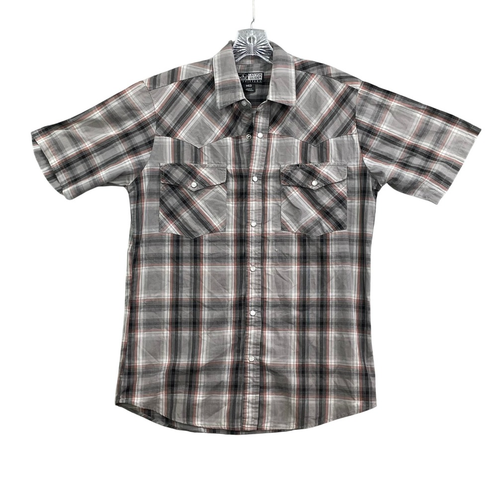 Canyon Guide Shirt Mens Medium Grey Plaid Pearl Snap Western Cowboy Academia